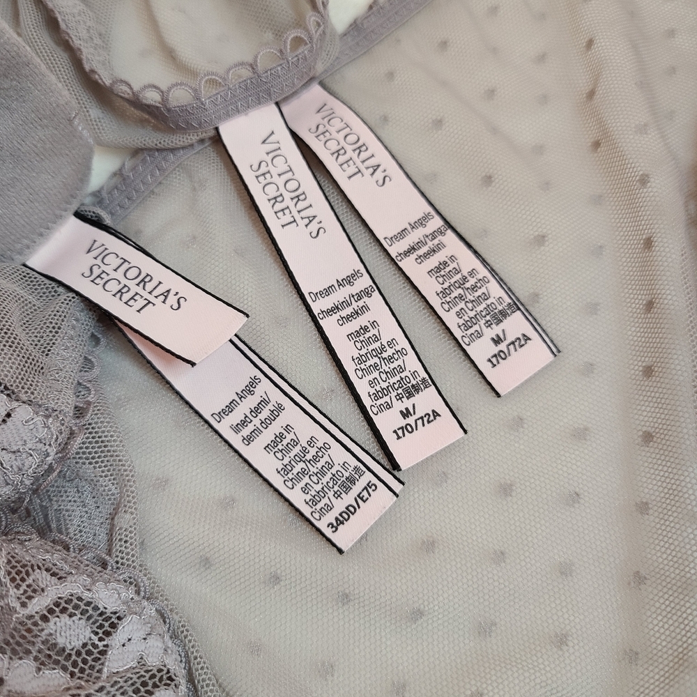 VS Dream Angels 3pc Bra & Panties Set Size 34E/med ☆ Gray Dotted Lace - Picture 6 of 7